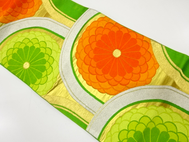 JAPANESE KIMONO / ANTIQUE FUKURO OBI / SILK / WOVEN SEIGAIHA & KIKU